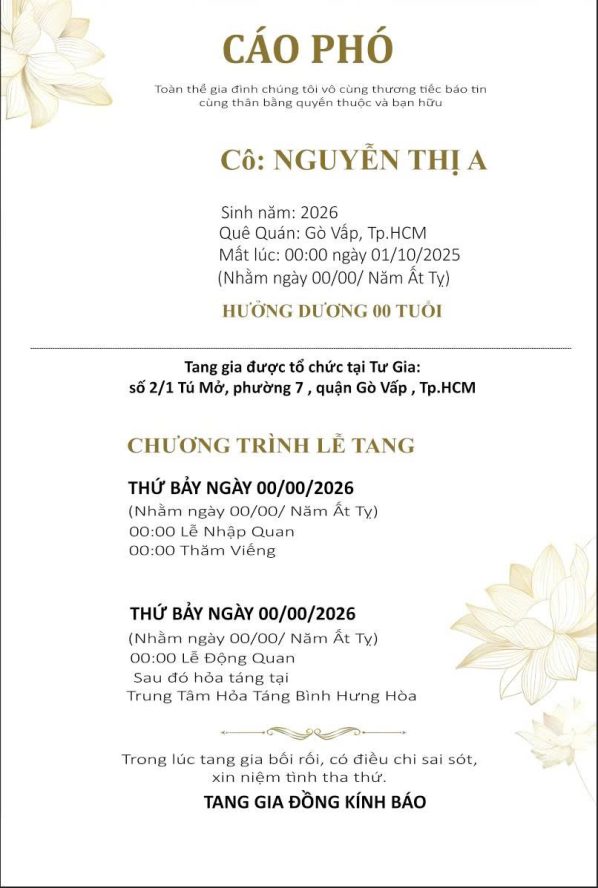 Cáo phó thiết kế theo yêu cầu CPYC30