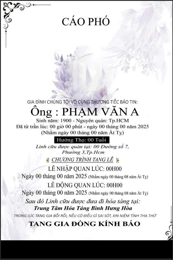 Cáo phó thiết kế theo yêu cầu CPYC29