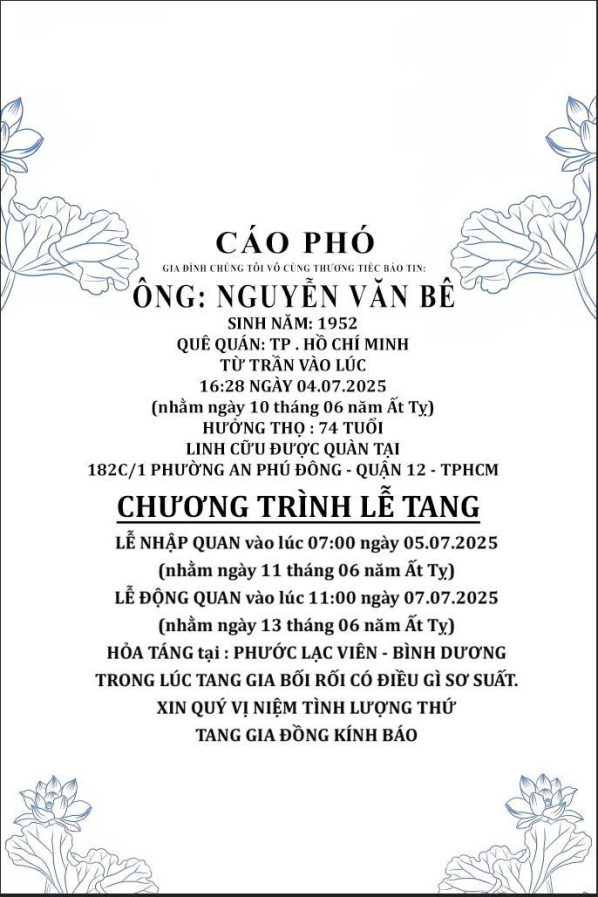 Cáo phó thiết kế theo yêu cầu CPYC25