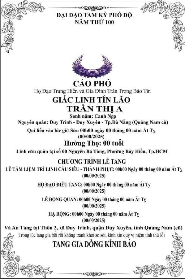 Cáo phó thiết kế theo yêu cầu CPYC33